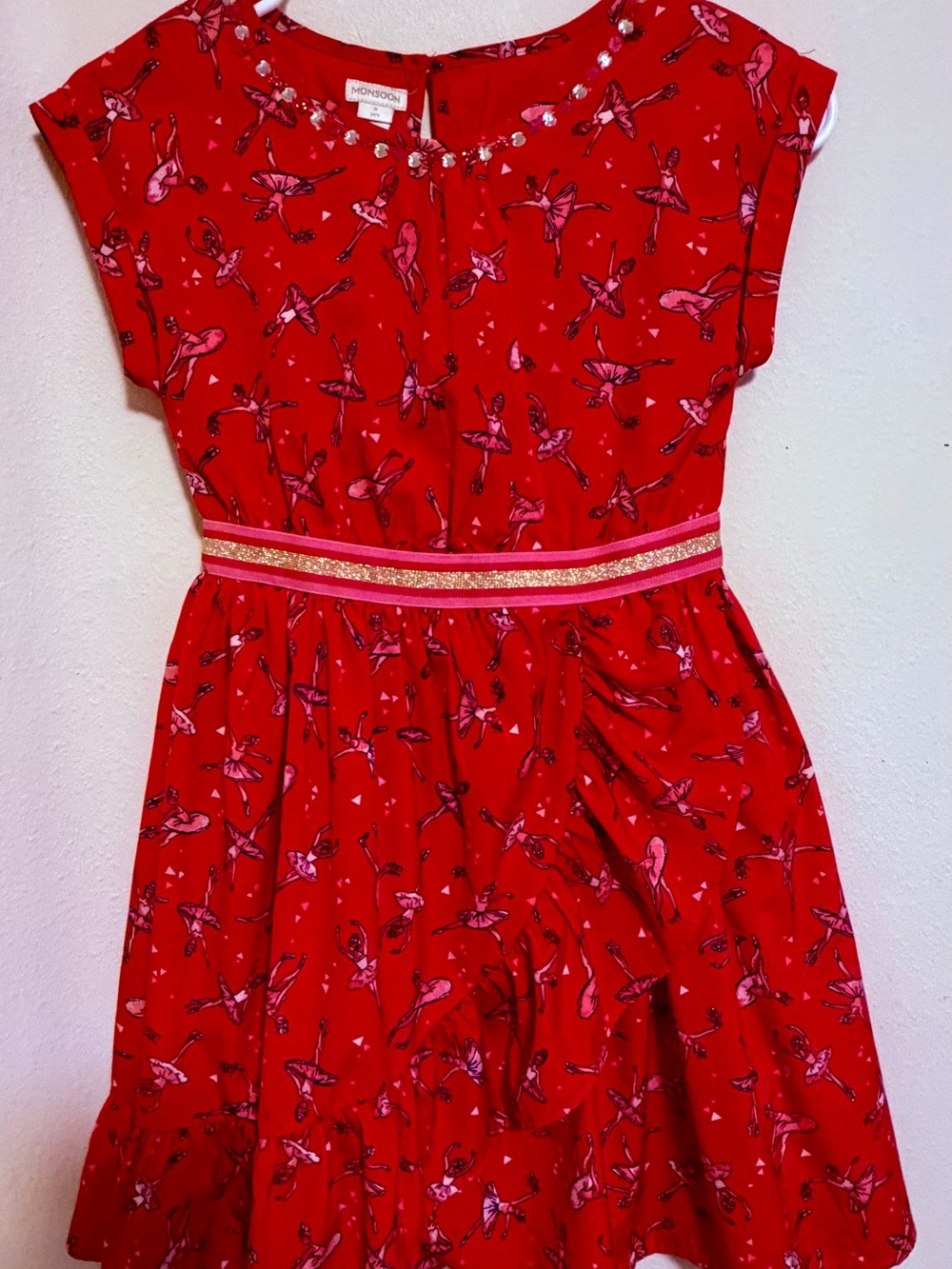 Monsoon Red Ballerina-Print Dress with Sequin Trim